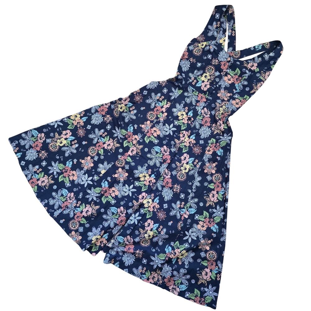 Vintage Laura Ashley Navy Floral Midi Dress-US 6 Open Cross Back Cottage Classic - Picture 2 of 11